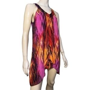 OndadeMar Women’s Size M Purple Orange Silk Tie Back Mini Cover Up Dress